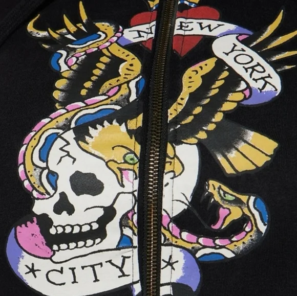 Ed Hardy Black New York City Nyc Skull Cropped Hoodie Size Large. - Picture 6 of 12